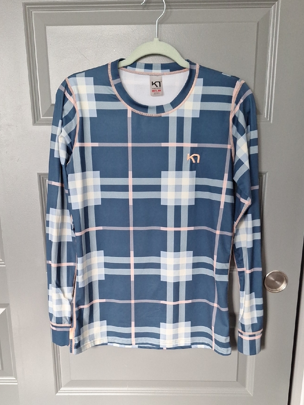 Kari Traa Blue Plaid Long Sleeve Top with Pink Trim